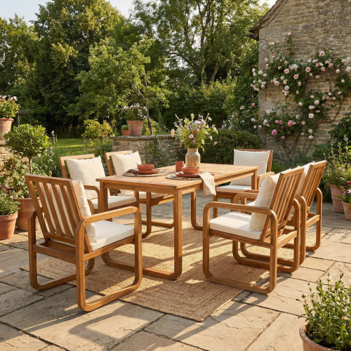 7-Piece Natural Acacia Wood Patio Dining Set with Beige Cushions