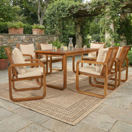 7-Piece Natural Acacia Wood Patio Dining Set with Brown Cushions
