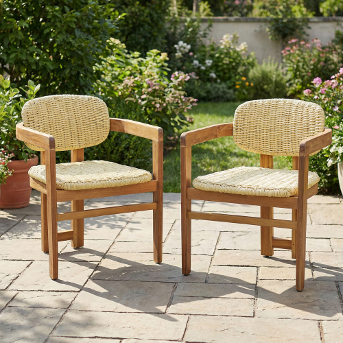 Natural Rattan & Teak Acacia Wood Outdoor Armchairs, Set of 2