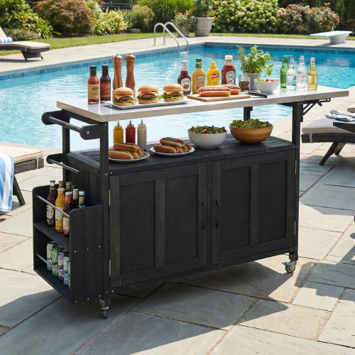 60.6-Inch Black Foldable Wood & Stainless Steel Outdoor Kitchen Cart