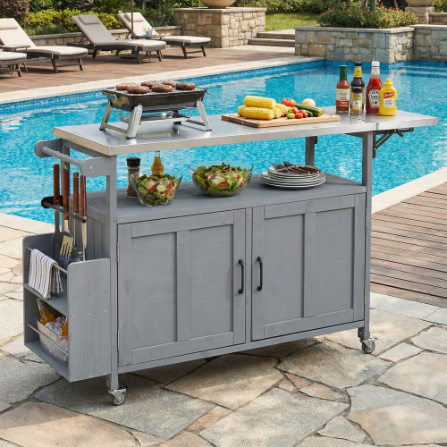 Grey 60.6-Inch Wood & Stainless Steel Folding Outdoor Kitchen Cart