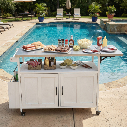 60.6-Inch White Wood & Stainless Steel Outdoor Kitchen Cart