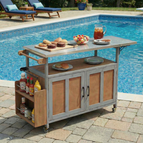 Espresso & Grey Wood-Stainless Steel Folding Outdoor Kitchen Cart