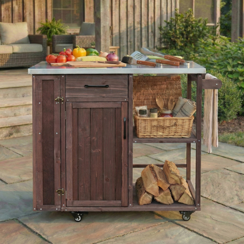 39.7-Inch Dark Brown Wood Outdoor Kitchen Cart with Stainless Top