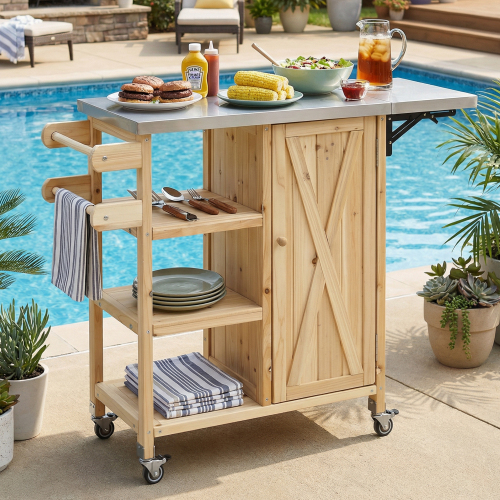 39.7-Inch Foldable Natural Wood & Stainless Steel Outdoor Kitchen Cart