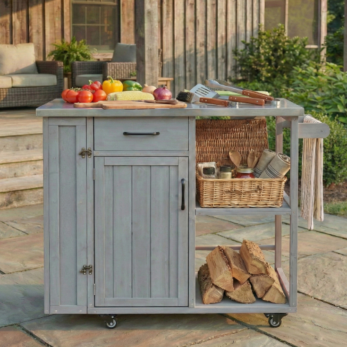 Grey 39.7-Inch Fir Wood Outdoor Kitchen Cart with Stainless Top