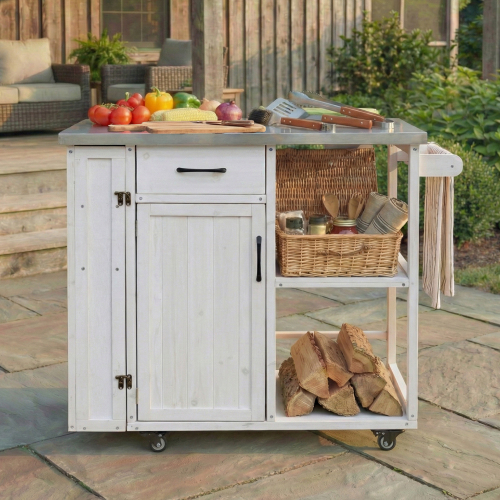 White Fir Wood Outdoor Kitchen Cart with Steel Top, 39.7 Inches