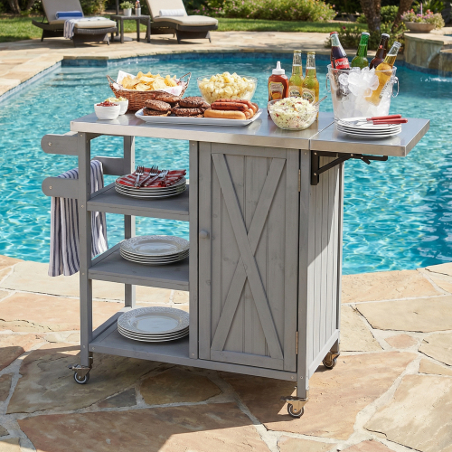 39.7-Inch Grey Wood & Stainless Steel Foldable Kitchen Island