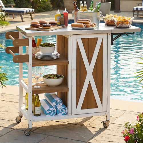 Brown & White Wood and Stainless Steel Outdoor Kitchen Cart, 39.7-Inch