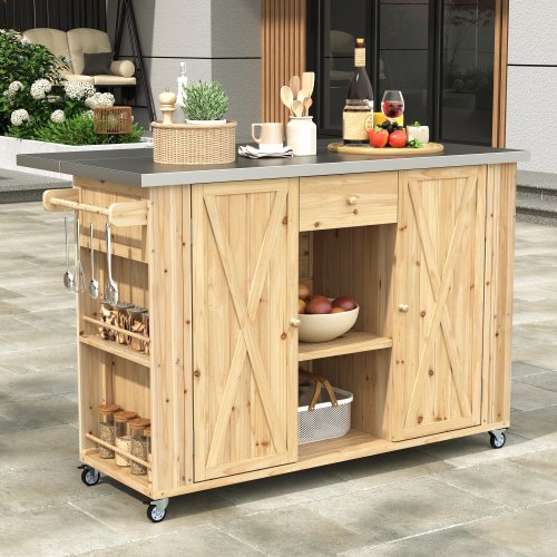 Natural Wood Outdoor Kitchen Island with Stainless Steel Top, 52.25-Inch