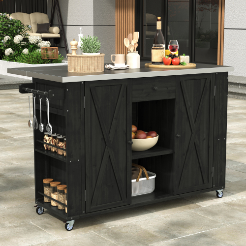 Black 52.25-Inch Fir Wood Outdoor Island with Stainless Steel Top