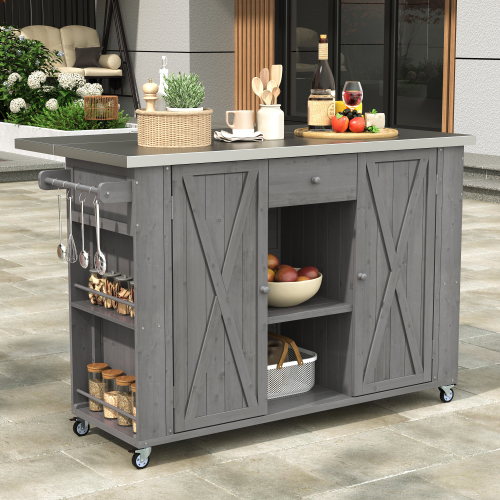 Grey 52-Inch Fir Wood Outdoor Kitchen Island with Stainless Top