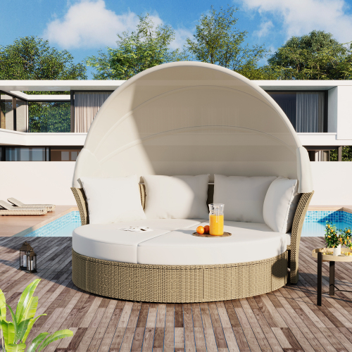 Beige 71.7-Inch Rattan Double Patio Daybed with Retractable Canopy