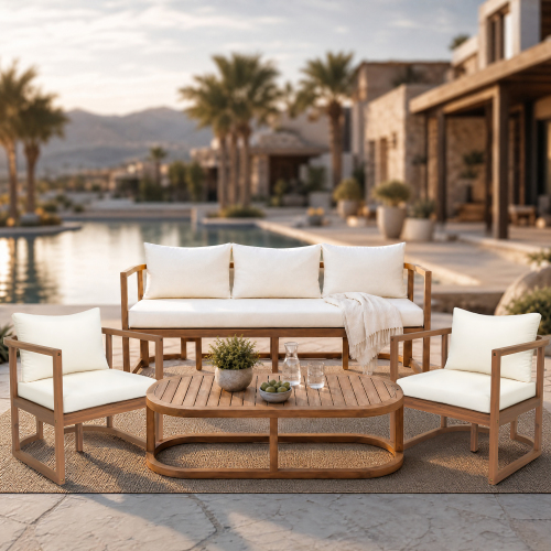4-Piece Modern Light Teak Acacia Wood Patio Sofa Set with Cushions