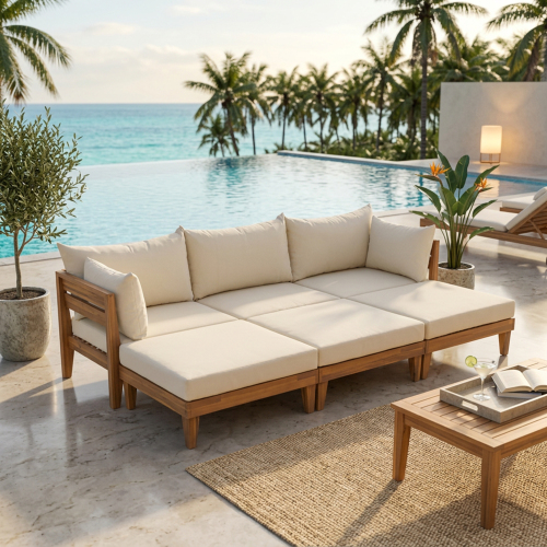 Modern 96.3-Inch Acacia Wood 6-Piece Patio Daybed Set, Beige