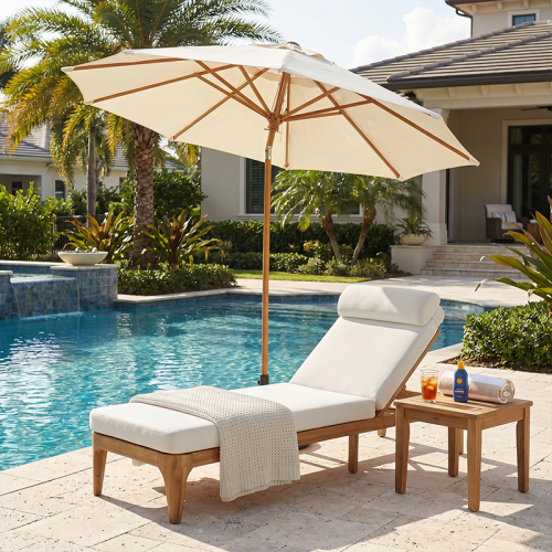 Beige Acacia Wood Outdoor Chaise Lounge with Adjustable Back and Pillow