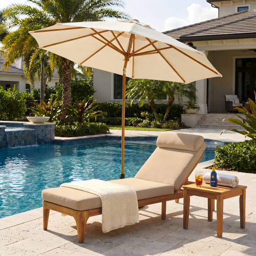 Brown Acacia Wood Outdoor Chaise Lounge with Adjustable Backrest