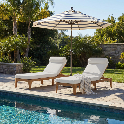 Beige Acacia Wood Adjustable Outdoor Chaise Lounges, Set of 2