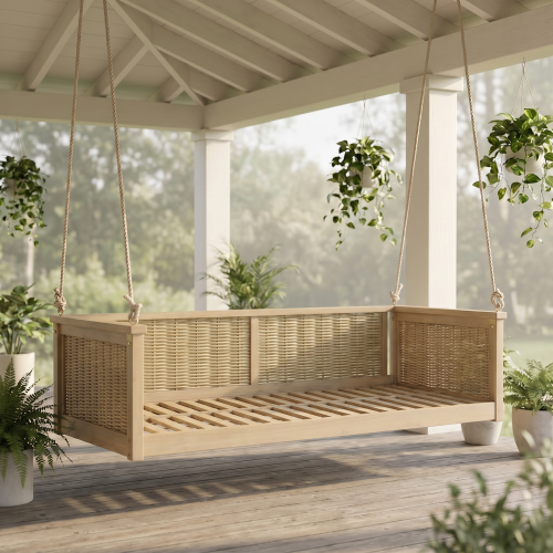 Light Teak Acacia Wood Twin-Size Outdoor Porch Swing Bed with Ropes