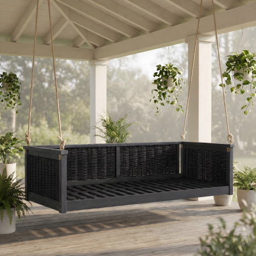 Classic Black Acacia Wood Twin-Size Outdoor Porch Swing Bed