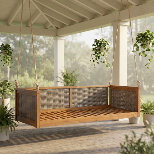 Classic Light Teak Acacia Wood Twin-Size Outdoor Porch Swing Bed