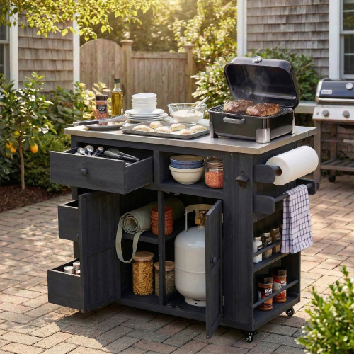 Black Wood Outdoor Kitchen Island with 19.3/28-Inch Extendable Top