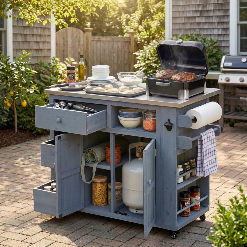 62.3-Inch Gray Solid Wood Outdoor Kitchen Island with Steel Top