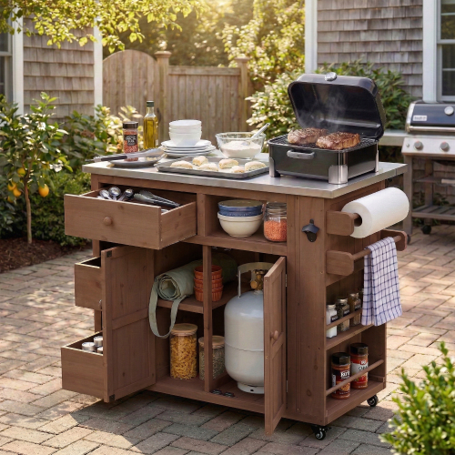 Brown 62-Inch Extendable Wood Outdoor Cart with Stainless Steel Top
