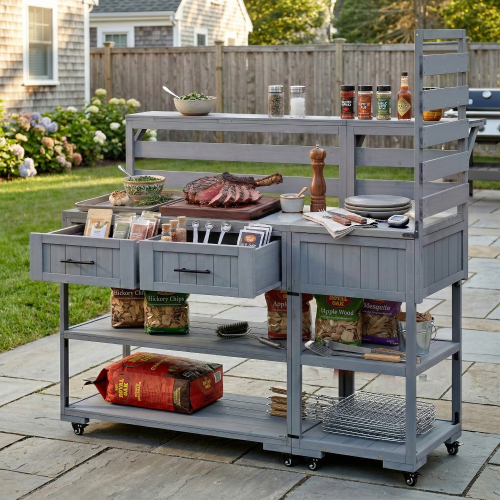 62.3-Inch Gray Solid Wood Patio Kitchen Island with Stainless Steel Top
