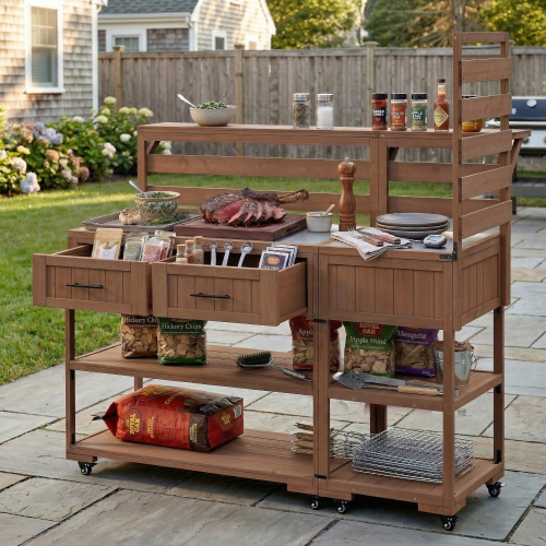 62.3-Inch Brown Wood Patio Kitchen Island with Stainless Steel Top