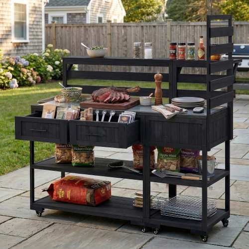 62.3-Inch Black Wood Patio Kitchen Island with Stainless Top
