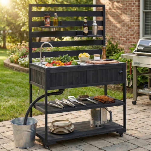 41.7-Inch Black Wood Rolling Patio Island with Sink and Steel Top