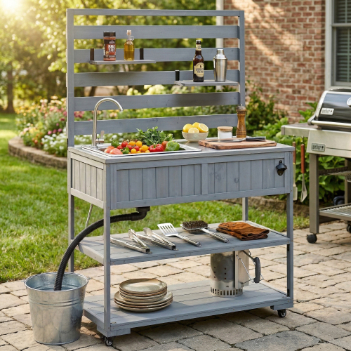 Gray 41.7-Inch Solid Wood Rolling Patio Kitchen Island with Sink