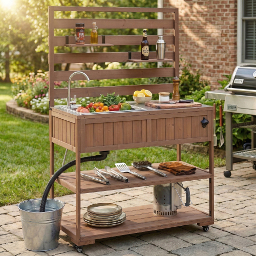 Rustic 41.7-Inch Brown Wood Rolling Patio Kitchen Island with Sink