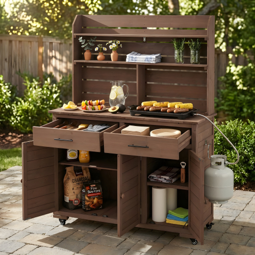 65-Inch Rustic Brown Wood Potting Bench with Cabinet and Wheels