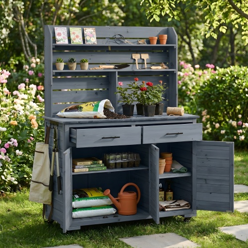65-Inch Gray Wood Garden Potting Bench with Cabinet and Wheels