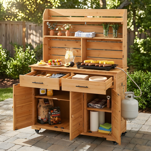 65-Inch Rustic Natural Wood Potting Bench with Storage Cabinet