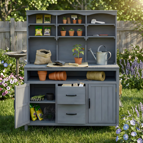 Rustic Gray Fir Wood Potting Bench with Hutch and Storage, 45.3 Inch