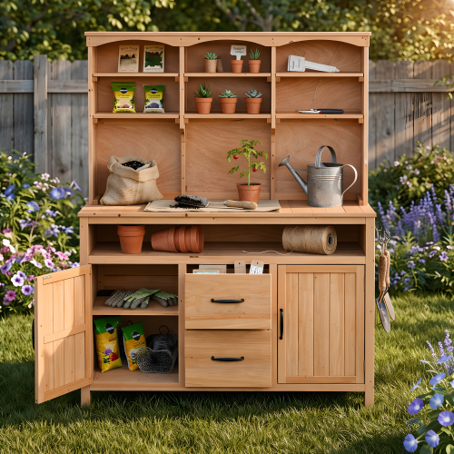 45.3-Inch Natural Fir Wood Rustic Outdoor Potting Bench with Hutch