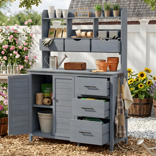 Gray Rustic Wood Patio Potting Bench with 6 Drawers, 44.6-Inch