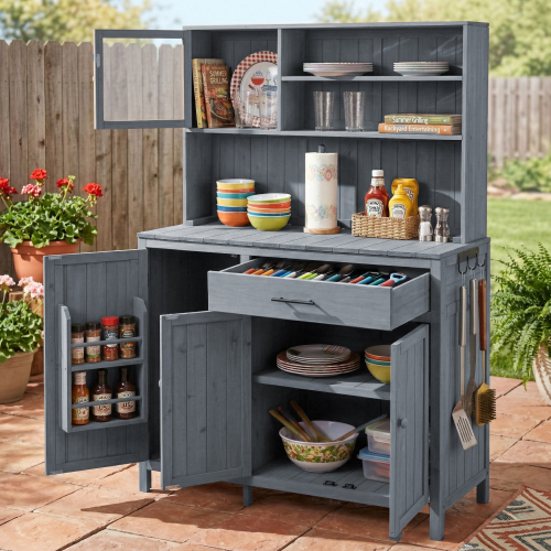 65-Inch Rustic Gray Wood Potting Bench with Hutch and Storage