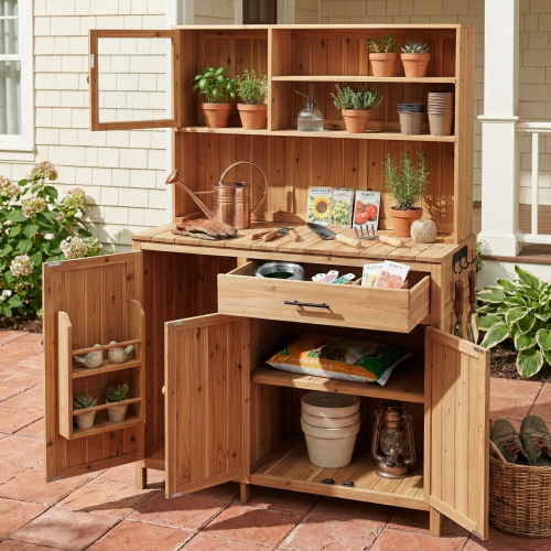 65-Inch Natural Solid Fir Wood Potting Bench with Hutch and Storage