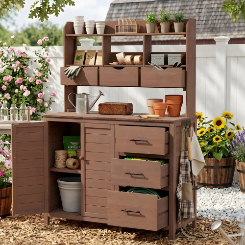 Rustic Brown Wood Potting Bench with 6 Drawers, 44.6-Inch