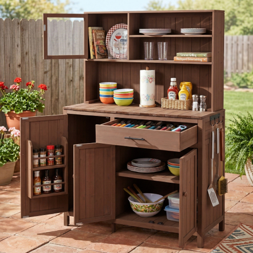 65-Inch Brown Solid Fir Wood Potting Bench with Hutch and Storage