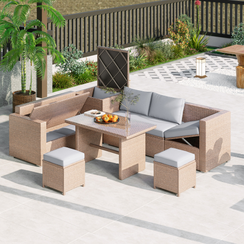 6-Piece Light Grey PE Rattan Patio Sofa Set with Storage Table