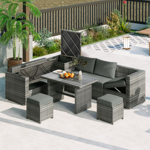 Grey 6-Piece PE Rattan Outdoor Sectional Sofa and Table Set