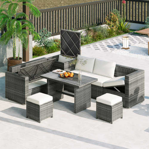 6-Piece Beige PE Rattan Patio Sectional Sofa Set with Storage