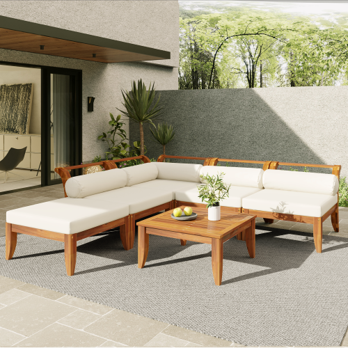 6-Piece Teak and Beige Acacia Wood Modular Patio Sofa and Daybed Set