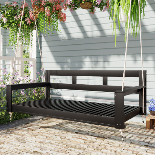 Black Acacia Wood Twin-Size Patio Porch Swing Daybed Frame