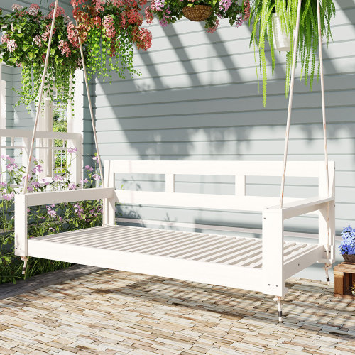 White Acacia Wood Twin-Size Porch Swing Daybed with 4 Ropes